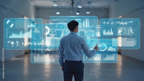 Dynamic businessman interacts with futuristic holographic data displays, analyzing financial charts and graphs in a sleek modern environment, showcasing innovation and business intelligence.