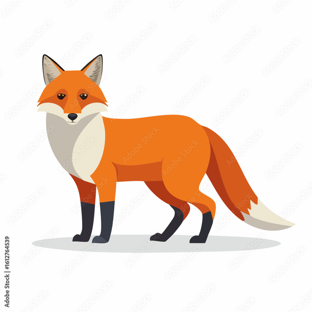Fototapeta premium Cartoon Illustration of a Fox Standing Alertly on a White Background with Detailed Fur