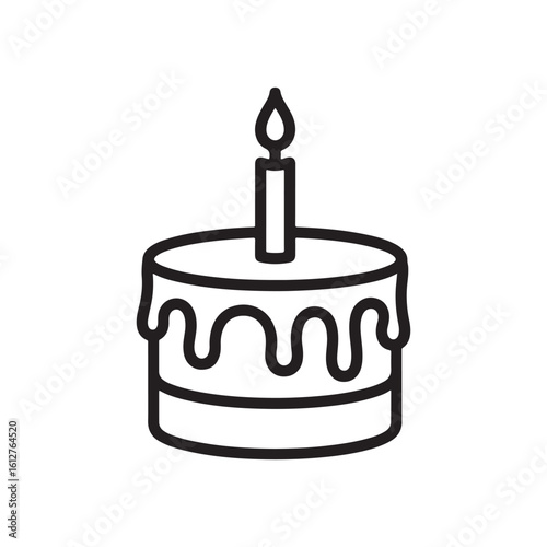 A black and white icon design illustration of a birthday cake with one lit candle on top