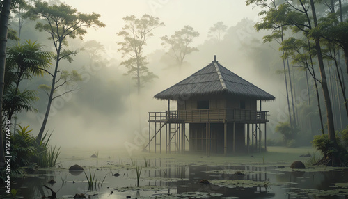 Hut on bamboo stilts in swampy forest, mist rising, secret hideout feel