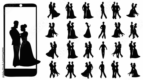 Silhouette of dancing couples in various poses with a couple inside a phone screen on the left side