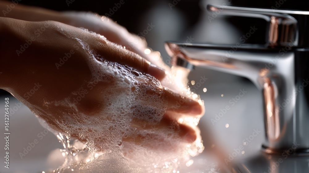 Fototapeta premium Close-up of hands washing with soap under running water in a modern bathroom sink for hygiene and cleanliness concepts