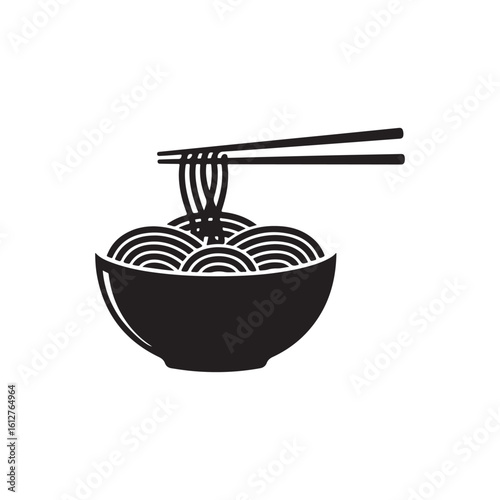 A black and white icon design illustration of a bowl of noodles with chopsticks resting on top (1)