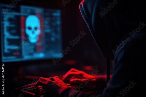 Person in dark hoodie hacking computer with skull icon on screen cybersecurity threat cyber attack malicious code digital crime