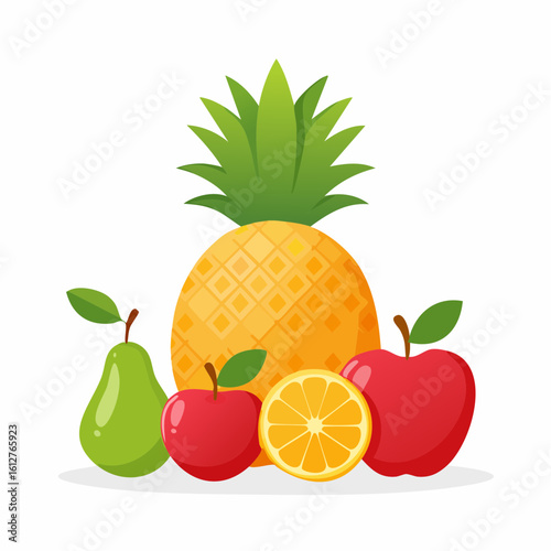 A Vibrant Cartoon Depiction of Pineapple, Apples, Pear and Orange Arrangement