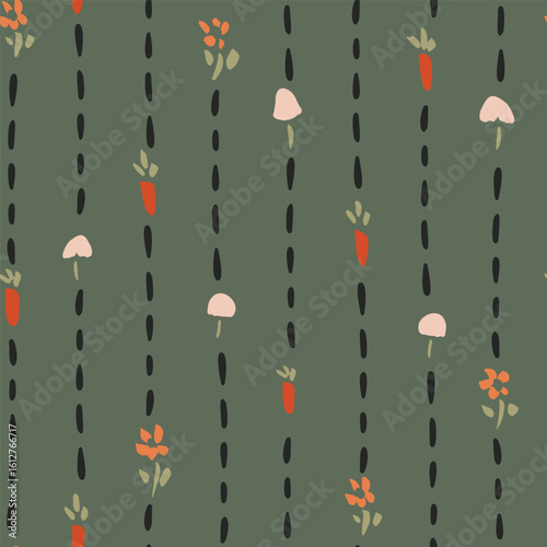Cute dotted stripes with hand drawn carrots, mushrooms and flowers as a minimalist botanical pattern in colors of off white, orange and black on green. Easter seamless vector pattern. Great for decor.