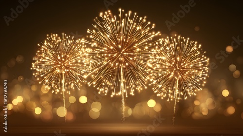 Sparkling gold fireworks display against a backdrop of bokeh lights.
