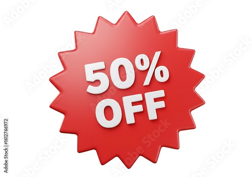 Red starburst 50 percent off discount tag isolated on white background