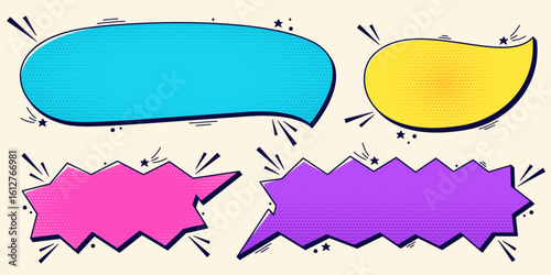 Set with empty four color comic speech bubbles with halftone elements.