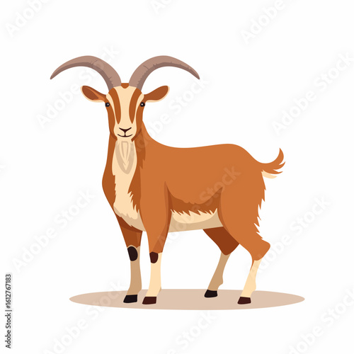 Cartoon goat with long curved horns, standing in a cartoon style with a solid background