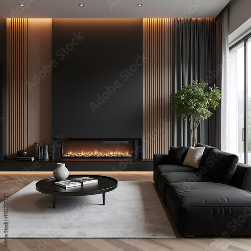 Modern Living Room Design With Fireplace Black Sofa
