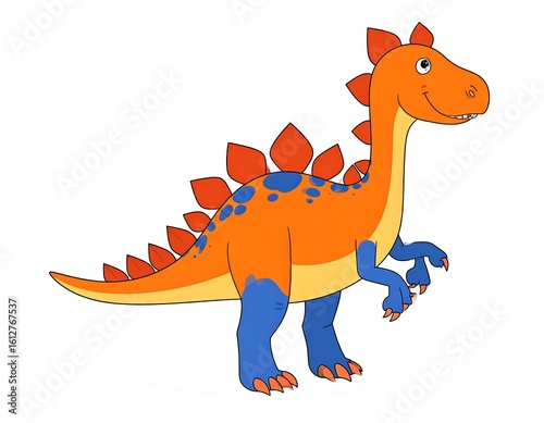 Cartoon orange dinosaur, blue legs and spines, smiling