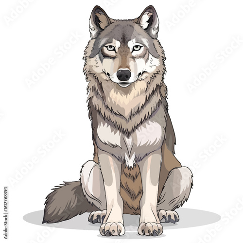 Cartoon Wolf Sitting Upright with Gray and Brown Fur Detail