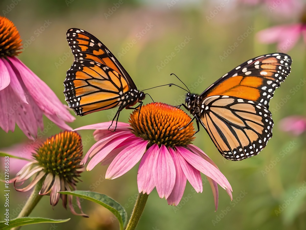 Naklejka premium two monarch butterfly on pink flower
