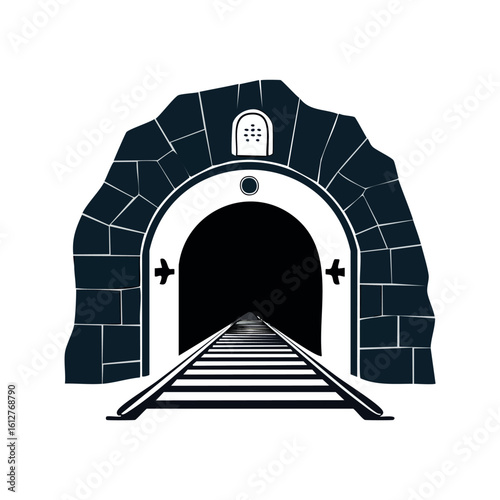 A classic stone arch railway tunnel entrance with tracks. A monochrome vector graphic illustration for transportation and industry.