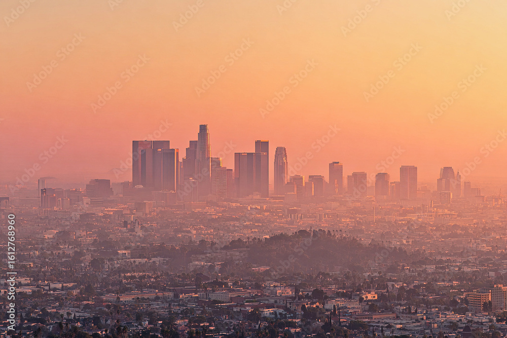 Obraz premium Urban skyline covered in heatwave haze and smog during summer sunset