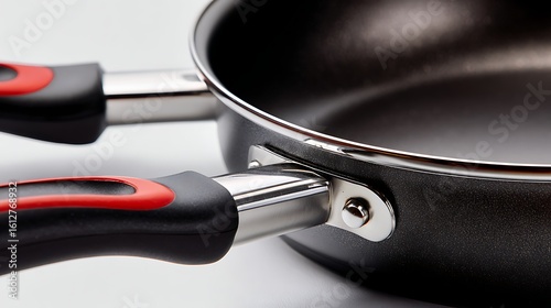 Closeup View of a Black NonStick Frying Pan with Red Accents on Handles