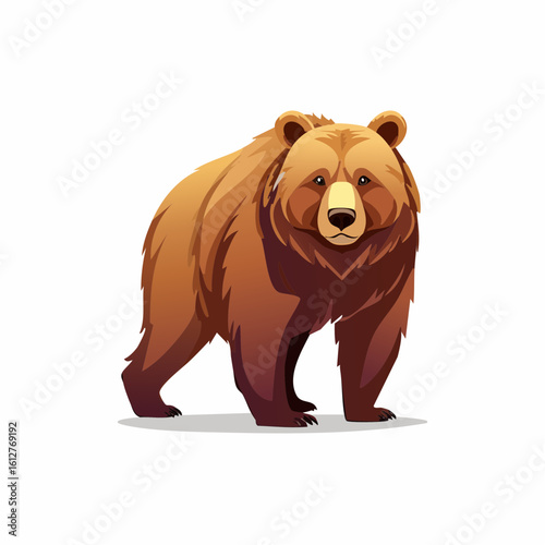A cartoon-style illustration of a brown bear standing on a white background looking forward