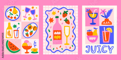 Summer picnic vector posters set. Bright print designs with fruits, lemonade, cocktails, sweets illustrations in whimsical frames
