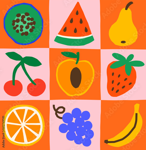 Bright tropical exotic summer fruits in blocks vector illustrations set. Watermelon, pear, banana, orange, grapes, kiwi, cherry, strawberry, peach doodles