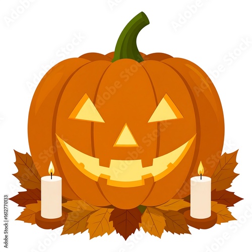 Carved pumpkin with lit face, flanked by candles and autumn leaves on white background