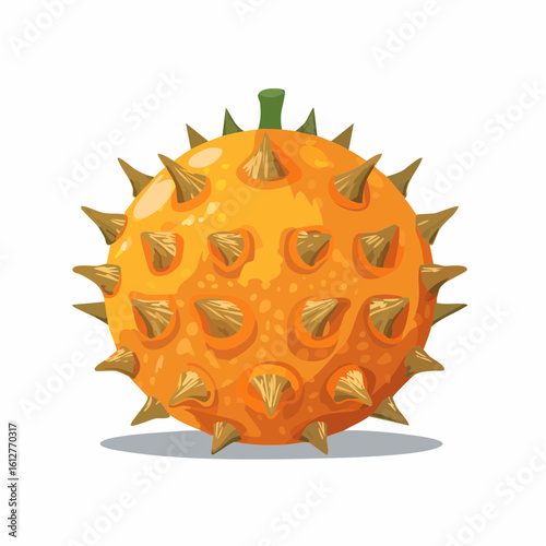 Detailed illustration of a vibrant, spiky kiwano melon with intricate shading