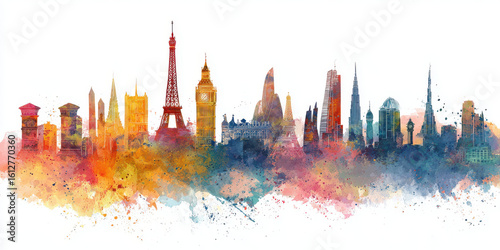 Colourful artistic skyline of famous global cities in watercolour style perfect for travel promotions world landmarks posters and decor