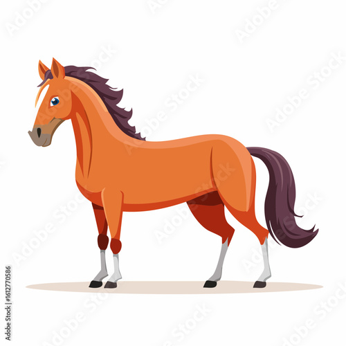 Stylized Cartoon Horse Illustration with Chestnut Coat and Flowing Mane, Isolated on White