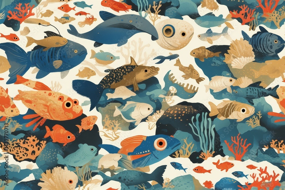 Obraz premium Minimalist marine camouflage sheet illustrating how stonefish, octopus, and crab blend into various seabed environments