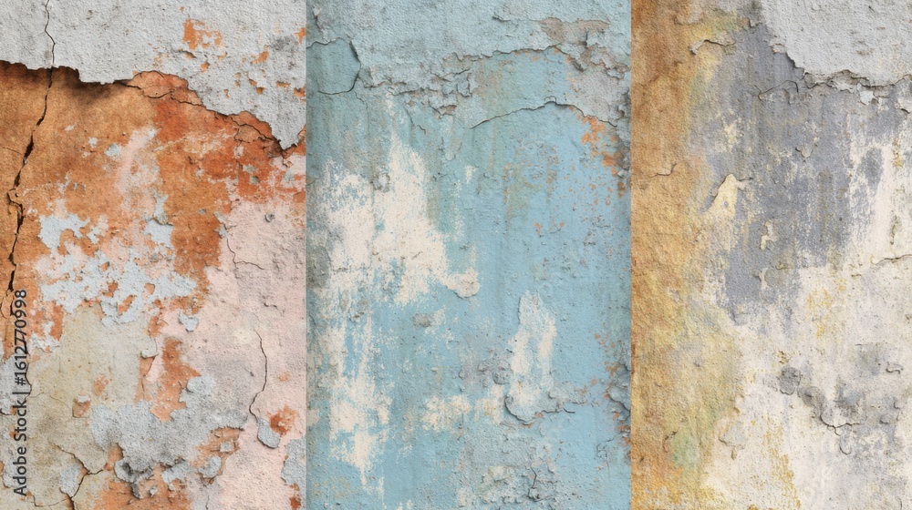 Fototapeta premium A close-up view of three distinct wall surfaces reveals layers of peeling paint in soft colors, highlighting the passage of time in an urban environment during daylight.