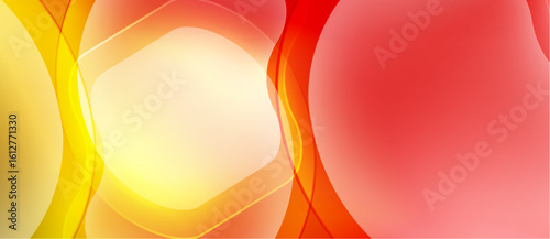 Abstract vibrant shapes blend, creating warm color gradients. Yellows, oranges, reds dominate composition. Smooth curves suggest energy, movement.