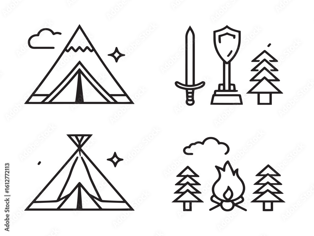 Fototapeta premium Colorful 2D adventure symbols in vector set