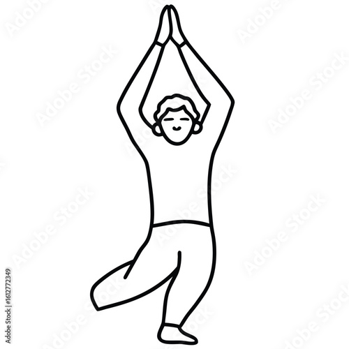 Person practicing yoga tree pose with hands joined overhead
