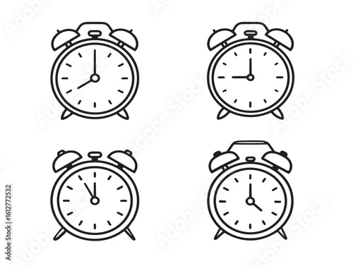 Clean 2D line icons of alarm clocks