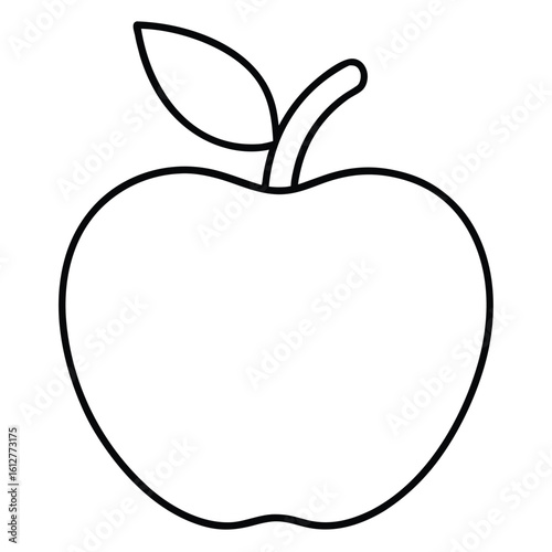 Simple outline drawing of a fresh red apple with a stem and leaf