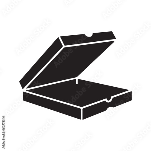 A black and white icon design illustration of a pizza box slightly open