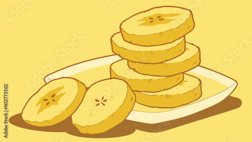 Delicious fried plantains recipe illustration vector art food photography yellow background tasty plantain slices
