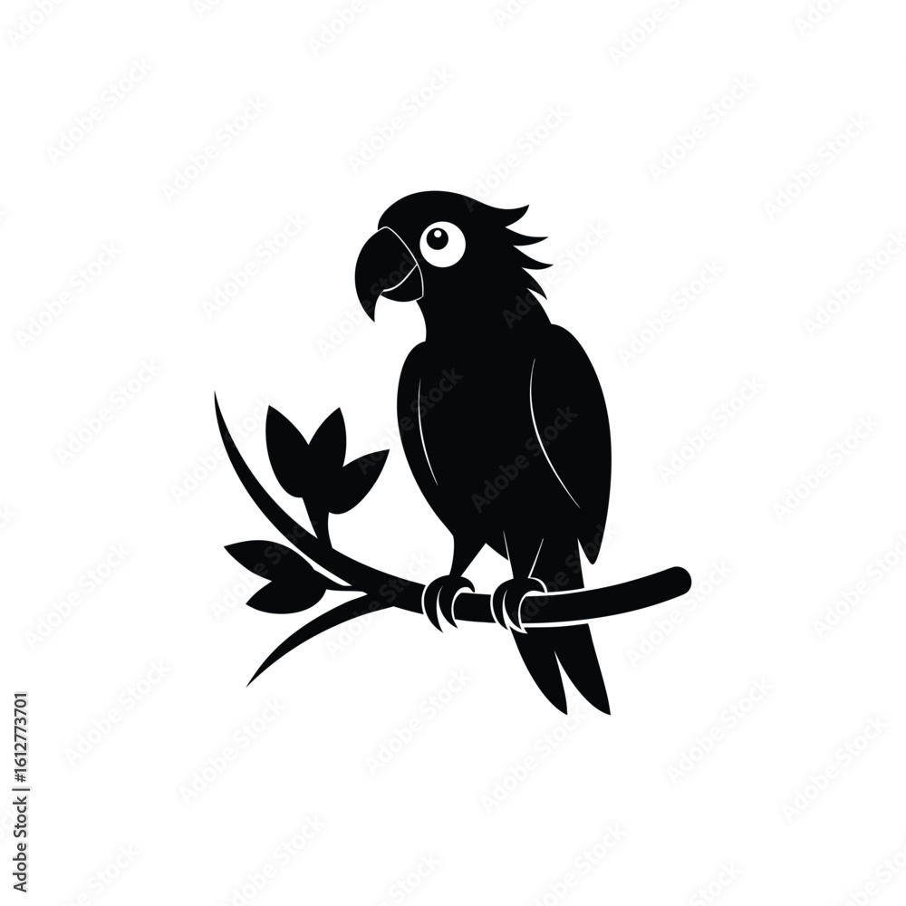 Obraz premium Cute Black Parrot Silhouette on Branch - Tropical Bird Vector Icon