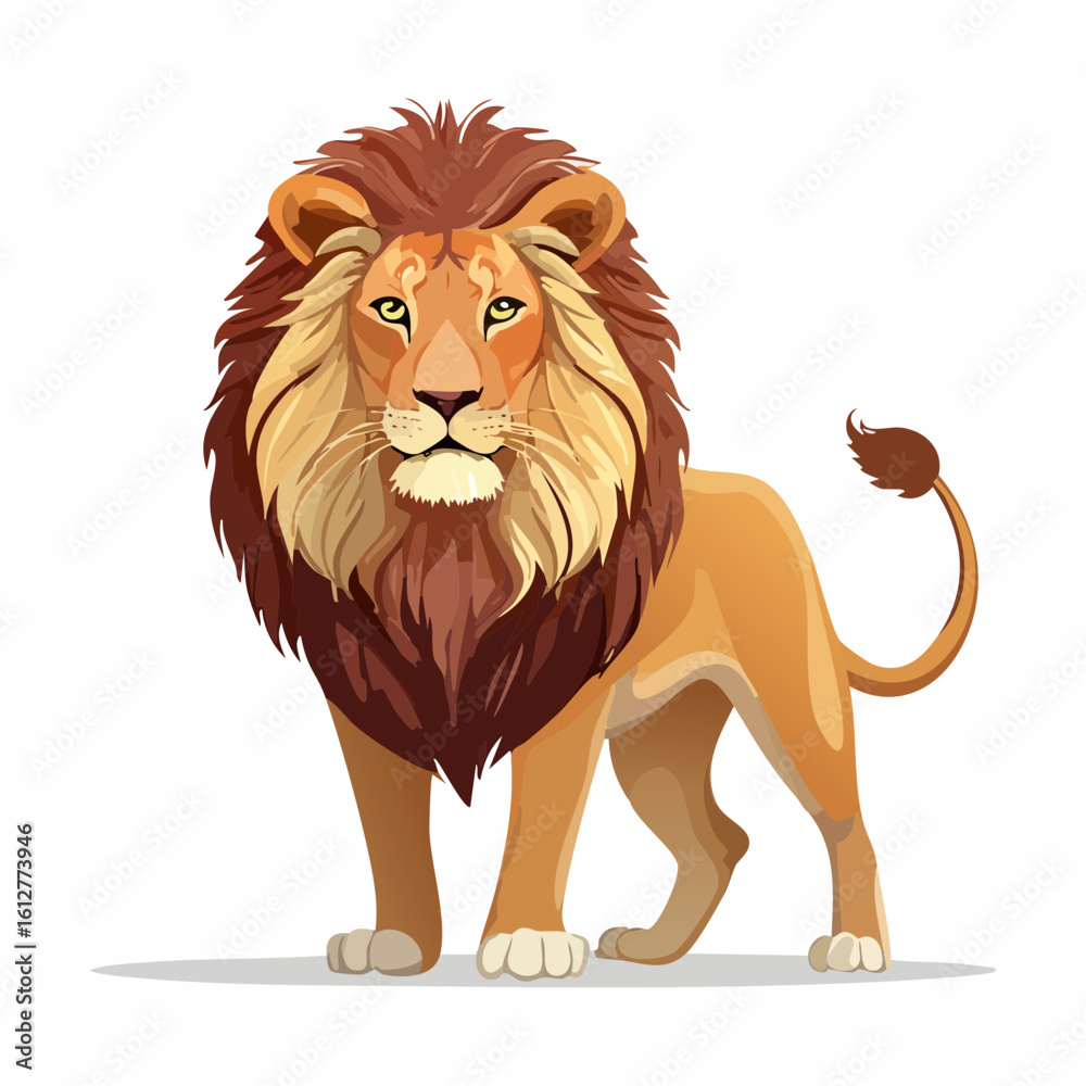 Obraz premium Majestic Cartoon Lion with Brown Mane Standing Proudly on White Background Display