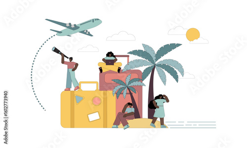 Flight delay, flight canceled, stuck on an island, shipwreck, lost, search for a way, foreign country. Flat vector illustration.eps