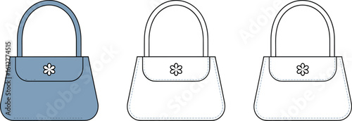 Charming Blue Handbag with Floral Embellishment, Stylish Women's Fashion Accessory, Cute Designer Purse, Elegant Ladies' Bag, Simple Vector Illustration, Trendy Everyday Carryall.