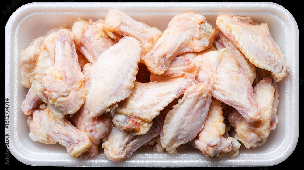 Frozen chicken wings in a styrofoam container. Frozen chicken wings in a styrofoam container.