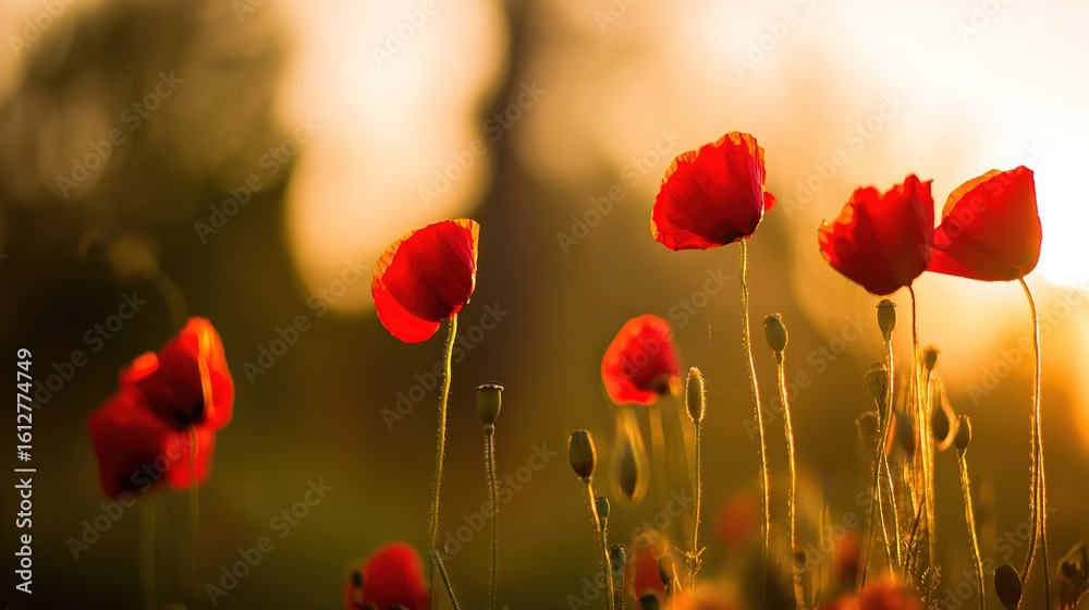 Obraz premium A vibrant sunset field adorned with red poppy flowers, bathed in warm golden light.