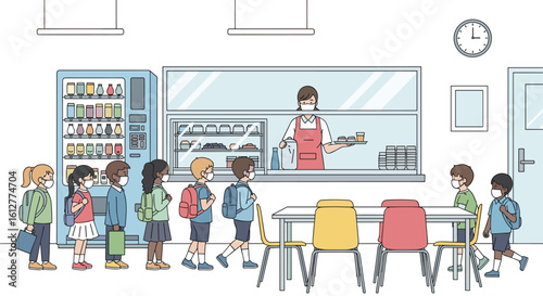 Children lining up to get food in the school cafeteria with a vendor serving them hot meals from behind a counter ready to eat