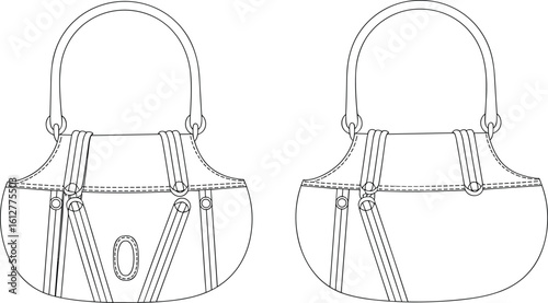 Modern ladies handbag technical sketch, front and back view, leather bag template, black line illustration, detailed fashion purse design, isolated on white background

.