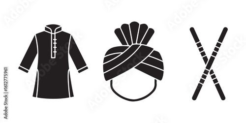 Black and White Festival Icons Kurta Turban and Crossed Sticks on White