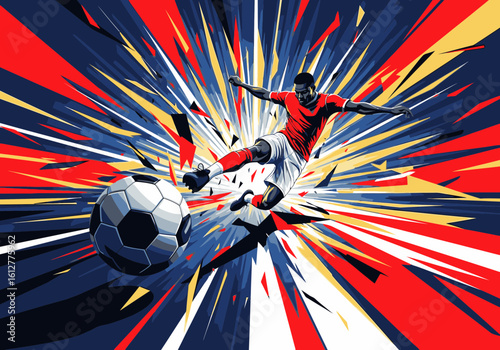 Dynamic illustration of a football player in a red jersey kicking a ball with explosive, colorful energy.