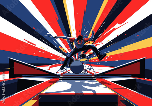 An energetic drummer in a dynamic leap over a drum kit on a stage with a vibrant, striped background.