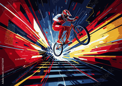 A cyclist in full gear performs an aerial stunt on a BMX bike against a vibrant, explosive background.