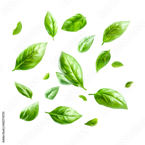 Vibrant fresh basil leaves scattered artfully, evoking culinary freshness and natural flavor for exciting recipe creation and healthy lifestyle promotion